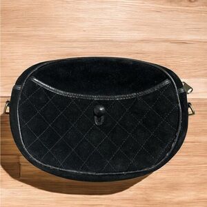 Vintage Suede Leather Clutch Handbag Black Quilted Stitch Evening Classy Party